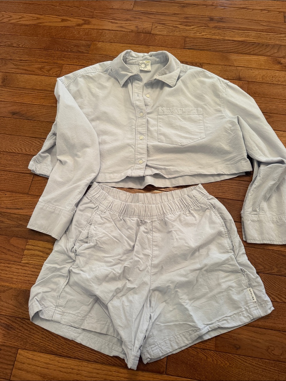 Aerie off line  light  Blue Cropped Button-Up Top and short set